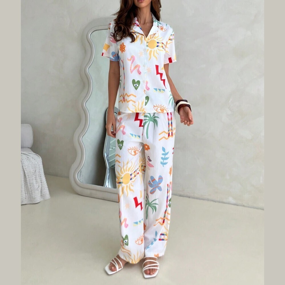 White Cartoon Novelty Print Lapel Collar Short Sleeve Shirt & Pants Pajama Set